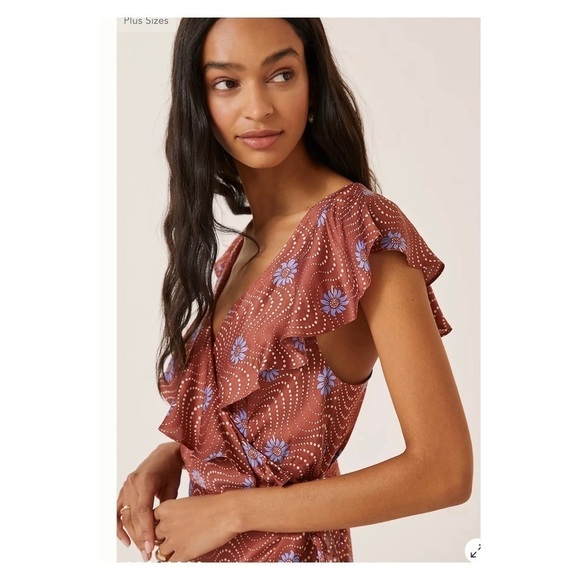 NWT BY ANTHROPOLOGIE Ruffle Sleeve Printed Wrap Maxi Dress Mauve XS - Picture 5 of 9